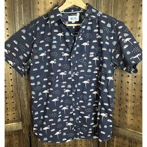 Uzzi Amphibious Gear Shirt Pink Flamingo Print Short Sleeve Button Shirt Men M
